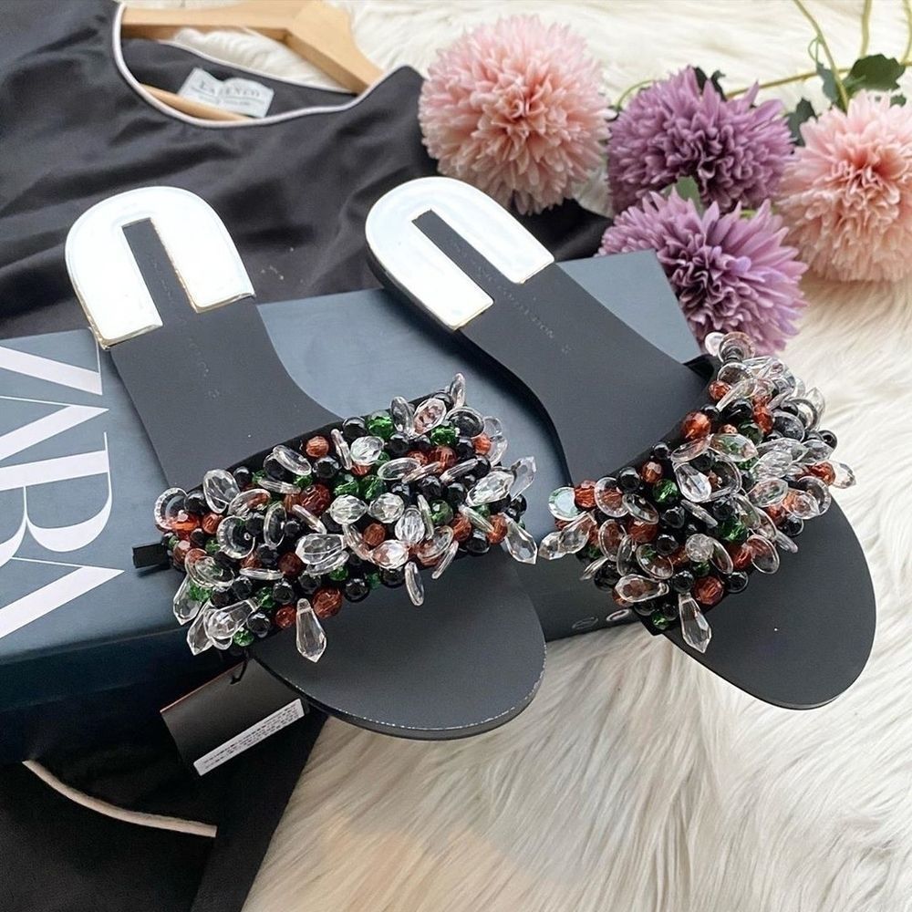 ZARA Black Sandals Colorful‎ Beads Sz 36